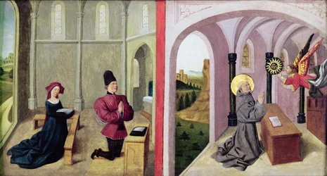 Heiliger Bernardino von Siena mit zwei Stiftern, 1460-70